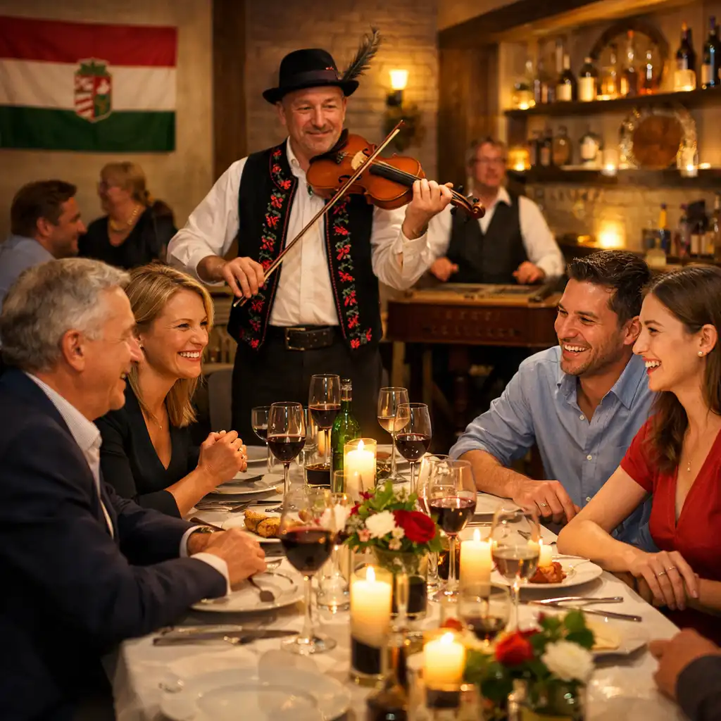 Vendégek baráti társasági esten a Hortoluna elegáns terében
