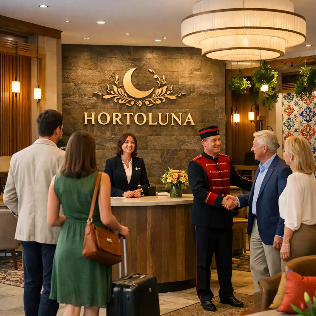 Vendégek érkeznek a Hortoluna elegáns előterébe